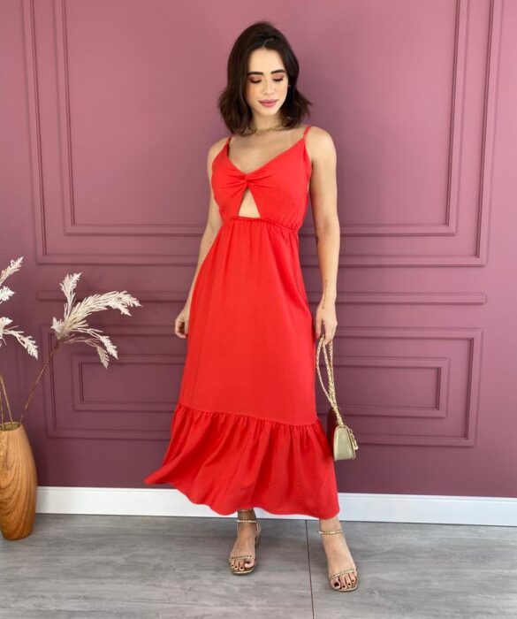 Vestido Midi com Bojo Vermelho com Abertura Alça Regulável Fernanda Ramos Store