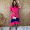 Vestido Midi de Malha sem Bojo Manga Curta Pink e Azul Marinho Fernanda Ramos Store