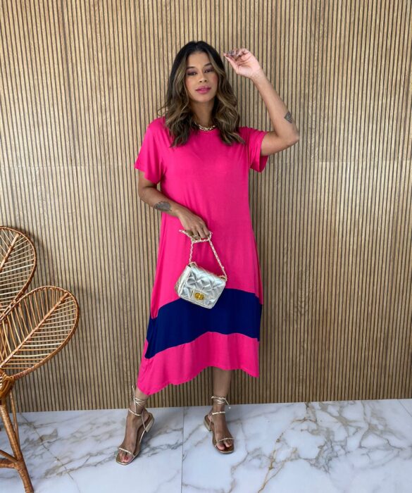 Vestido Midi de Malha sem Bojo Manga Curta Pink e Azul Marinho Fernanda Ramos Store