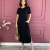 Vestido Midi de Malha sem Bojo Manga Curta Preto com Bolso Fernanda Ramos Store