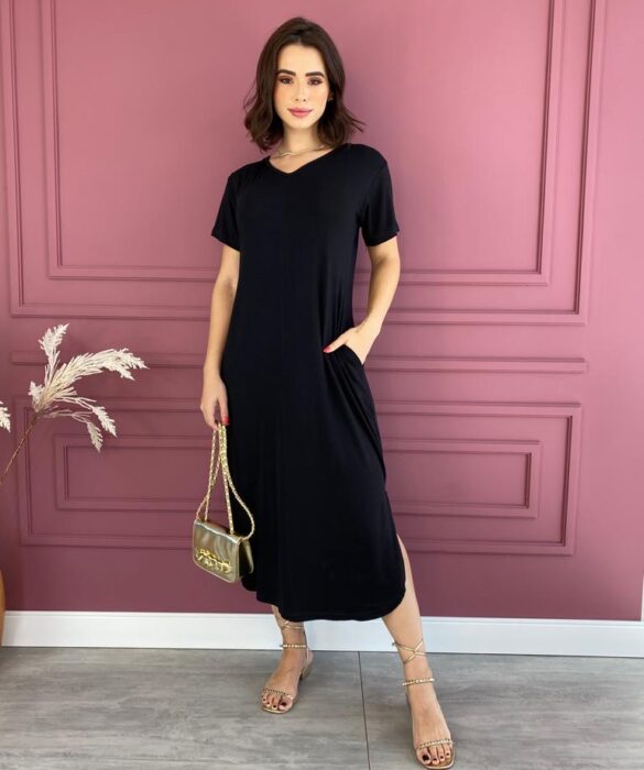 Vestido Midi de Malha sem Bojo Manga Curta Preto com Bolso Fernanda Ramos Store