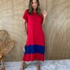 Vestido Midi de Malha sem Bojo Manga Curta Vermelho e Azul Fernanda Ramos Store