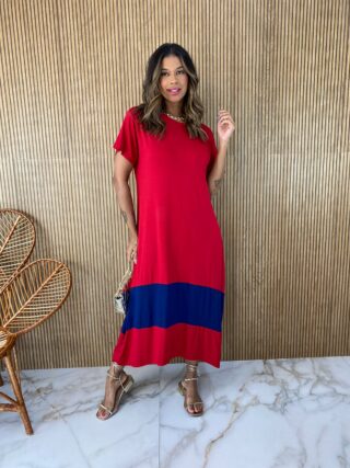 Vestido Midi de Malha sem Bojo Manga Curta Vermelho e Azul Fernanda Ramos Store