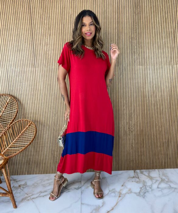 Vestido Midi de Malha sem Bojo Manga Curta Vermelho e Azul Fernanda Ramos Store