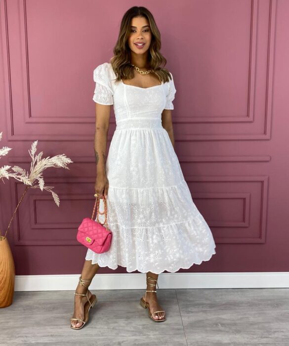 Vestido Midi Manga Curta Laise Branco Fernanda Ramos Store