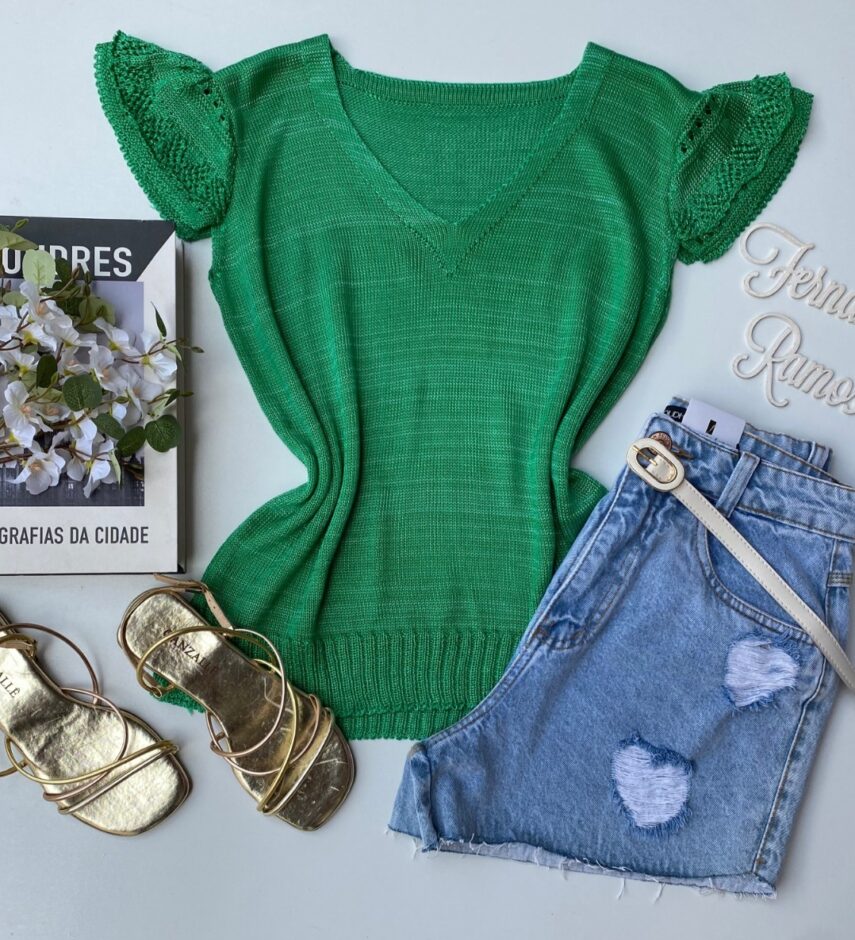 Blusa Feminina Manga Curta Tricot com Detalhes Verde Bandeira Fernanda Ramos Store