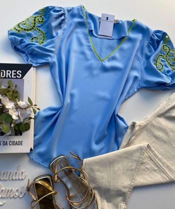 fernandaramosstore com br blusa manga curta feminina azul detalhes no verde lima