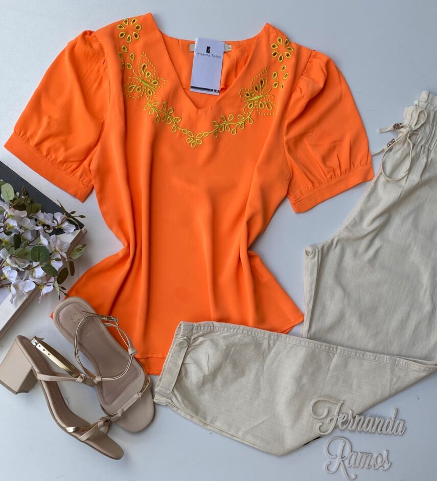 Blusa Manga Curta Feminina Borboletas Laranja - Fernanda Ramos Store