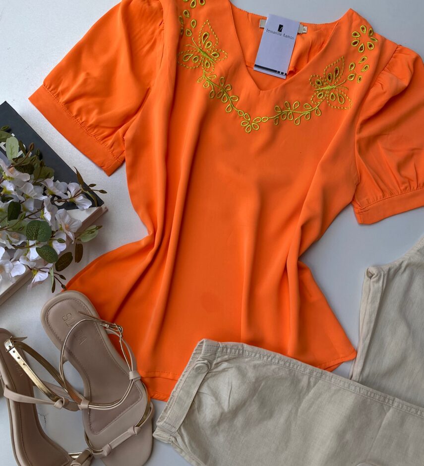 Blusa Manga Curta Feminina Borboletas Laranja - Fernanda Ramos Store