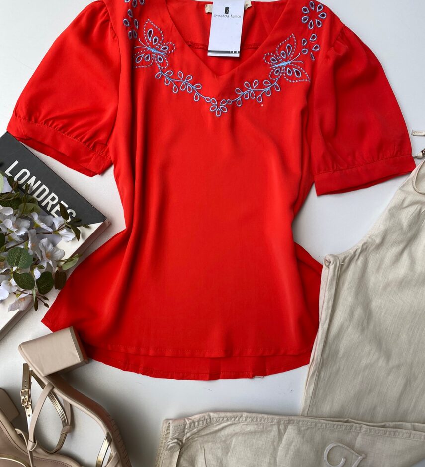 Blusa Manga Curta Feminina Borboletas Vermelha - Fernanda Ramos Store