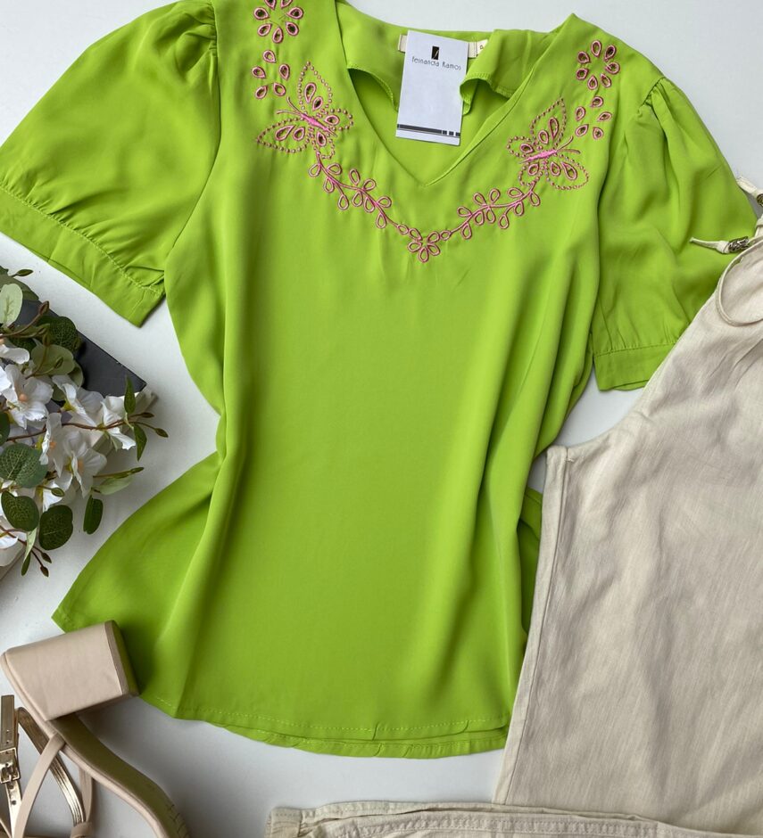 Blusa Manga Curta Feminina Borboletas Verde - Fernanda Ramos Store
