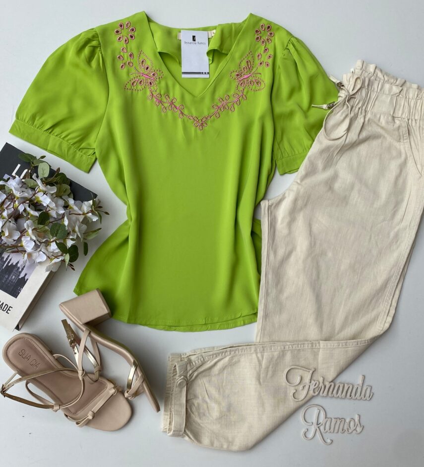 Blusa Manga Curta Feminina Borboletas Verde - Fernanda Ramos Store