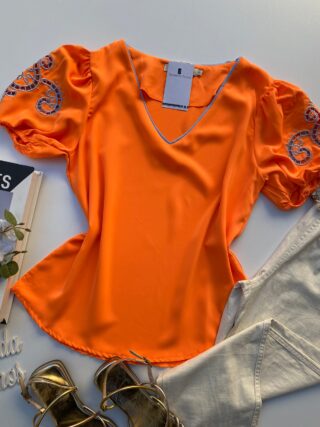 fernandaramosstore com br blusa manga curta feminina laranja detalhes no azul