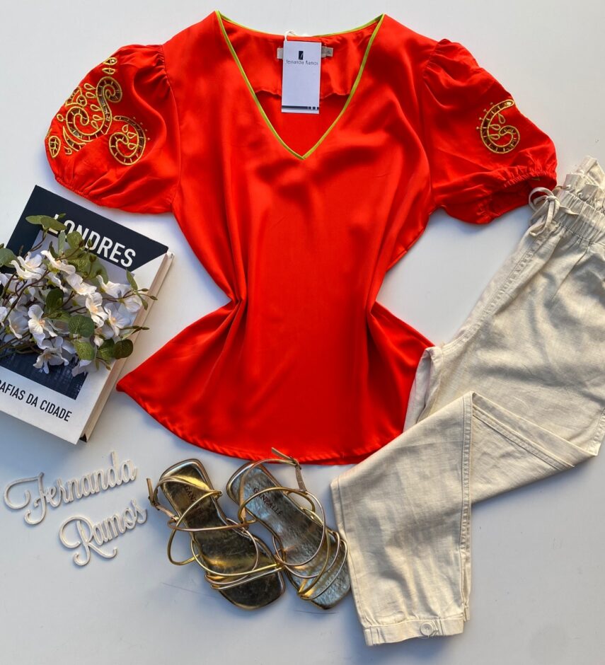 Blusa Manga Curta Feminina Vermelha Detalhes no Verde Lima - Fernanda Ramos Store