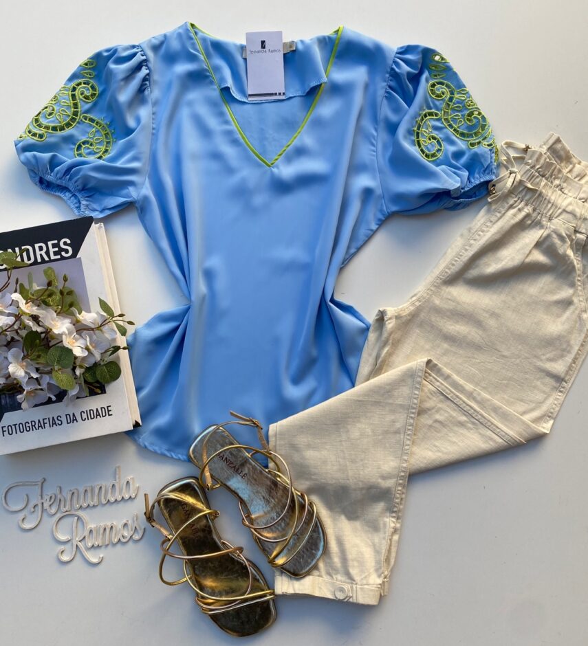Blusa Manga Curta Feminina Azul Detalhes no Verde Lima - Fernanda Ramos Store