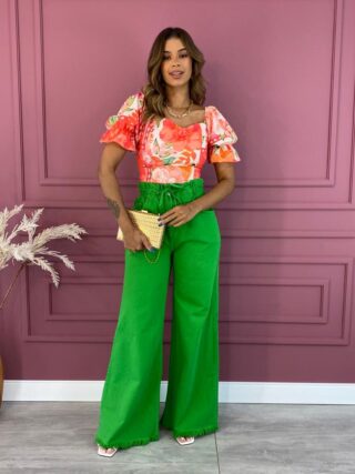 Calça Jeans Feminina Wide Leg Clochard com Amarração Verde - Fernanda Ramos Store