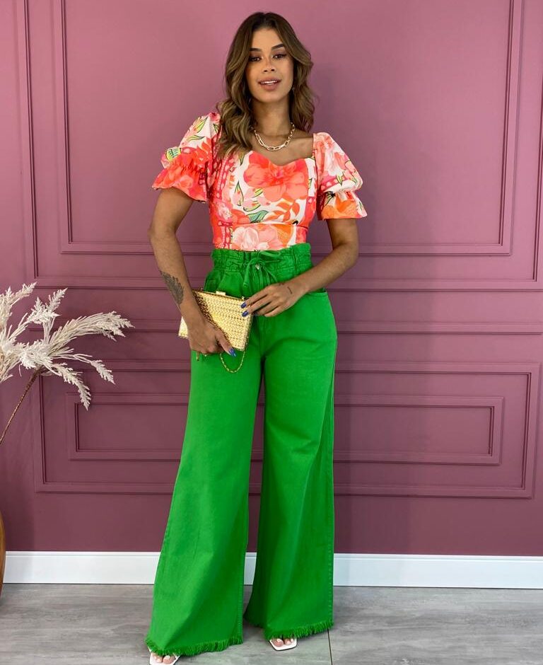 Calça Jeans Feminina Wide Leg Clochard com Amarração Verde - Fernanda Ramos Store