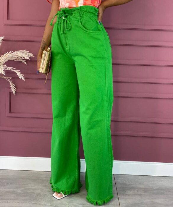 Calça Jeans Feminina Wide Leg Clochard com Amarração Verde - Fernanda Ramos Store