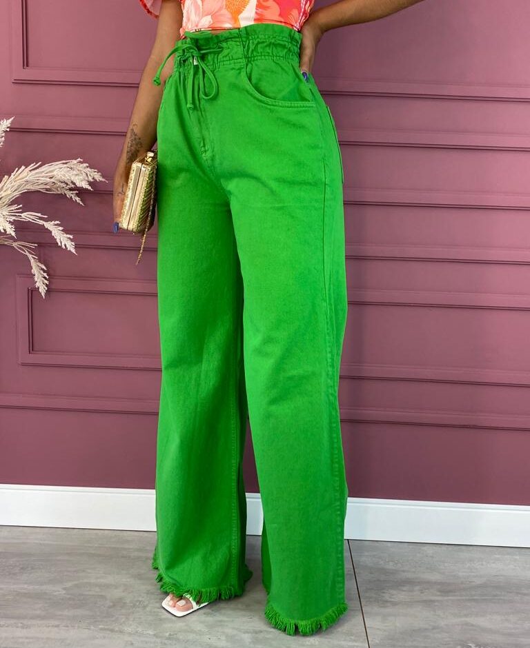 Calça Jeans Feminina Wide Leg Clochard com Amarração Verde - Fernanda Ramos Store