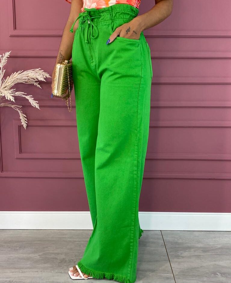 Calça Jeans Feminina Wide Leg Clochard com Amarração Verde - Fernanda Ramos Store