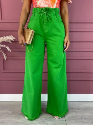 Calça Jeans Feminina Wide Leg Clochard com Amarração Verde - Fernanda Ramos Store