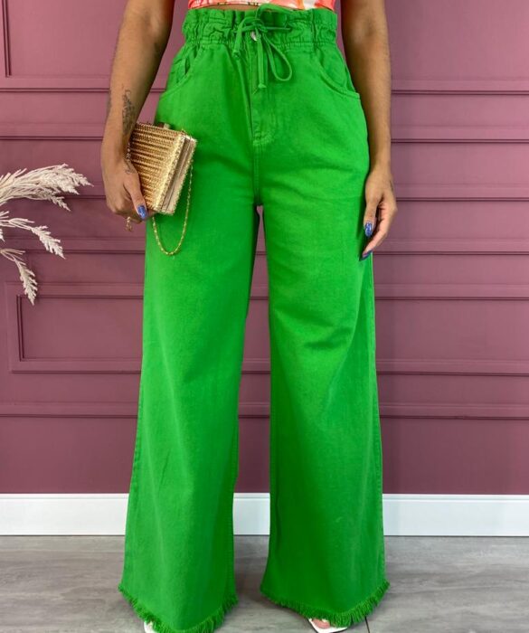 Calça Jeans Feminina Wide Leg Clochard com Amarração Verde - Fernanda Ramos Store