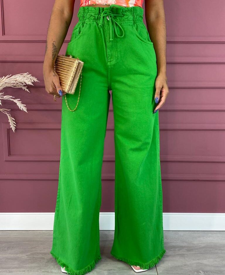 Calça Jeans Feminina Wide Leg Clochard com Amarração Verde - Fernanda Ramos Store