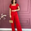 Conjunto Feminino Cropped com Bojo e Calça com Botão Vermelho Fernanda Ramos Store