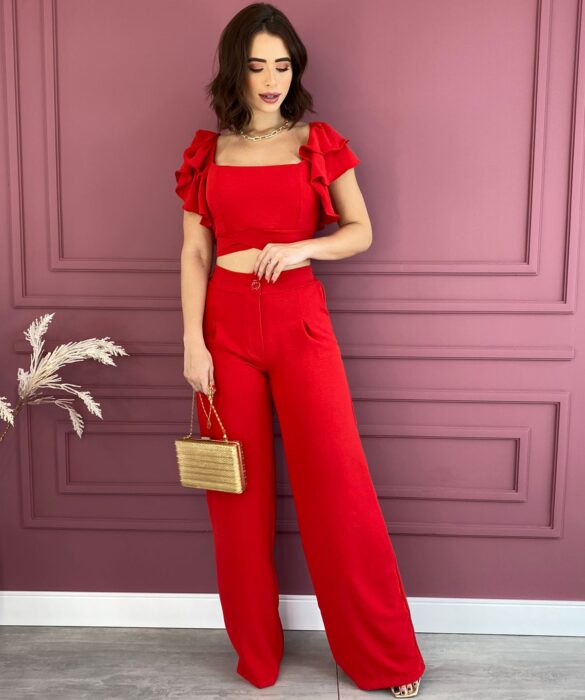 Conjunto Feminino Cropped com Bojo e Calça com Botão Vermelho Fernanda Ramos Store