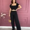 Conjunto Feminino Cropped com Bojo e Calça com Botão Preto Fernanda Ramos Store