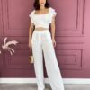 Conjunto Feminino Cropped com Bojo e Calça com Botão Branco Fernanda Ramos Store