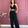 Conjunto Feminino Cropped com Bojo e Calça Pantalona Preto - Fernanda Ramos Store