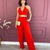 Conjunto Feminino Cropped com Bojo e Calça Pantalona Vermelho Fernanda Ramos Store