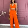 Conjunto Feminino Cropped com Bojo e Calça Pantalona Laranja Fernanda Ramos Store