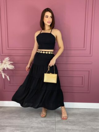 Conjunto Feminino Duna Cropped e Saia Longa Preto Fernanda Ramos Store