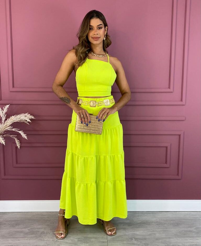 Conjunto Feminino Duna Cropped e Saia Longa Verde Lima - Fernanda Ramos Store