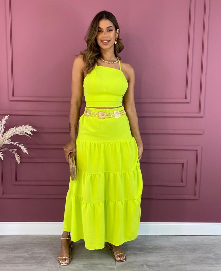 Conjunto Feminino Duna Cropped e Saia Longa Verde Lima - Fernanda Ramos Store