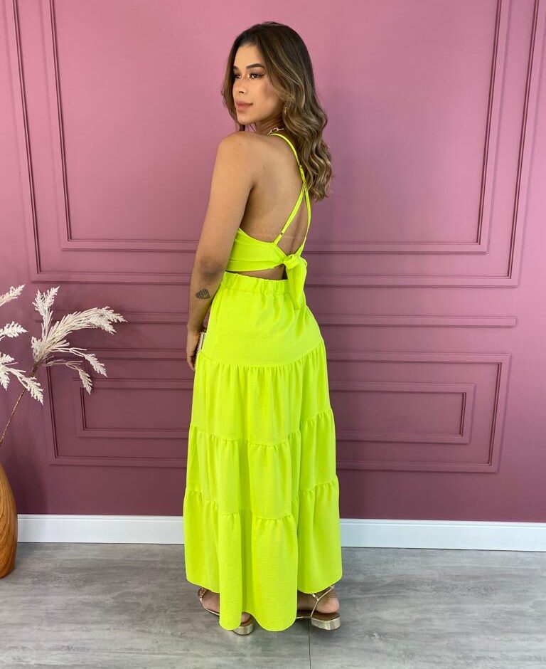 Conjunto Feminino Duna Cropped e Saia Longa Verde Lima - Fernanda Ramos Store