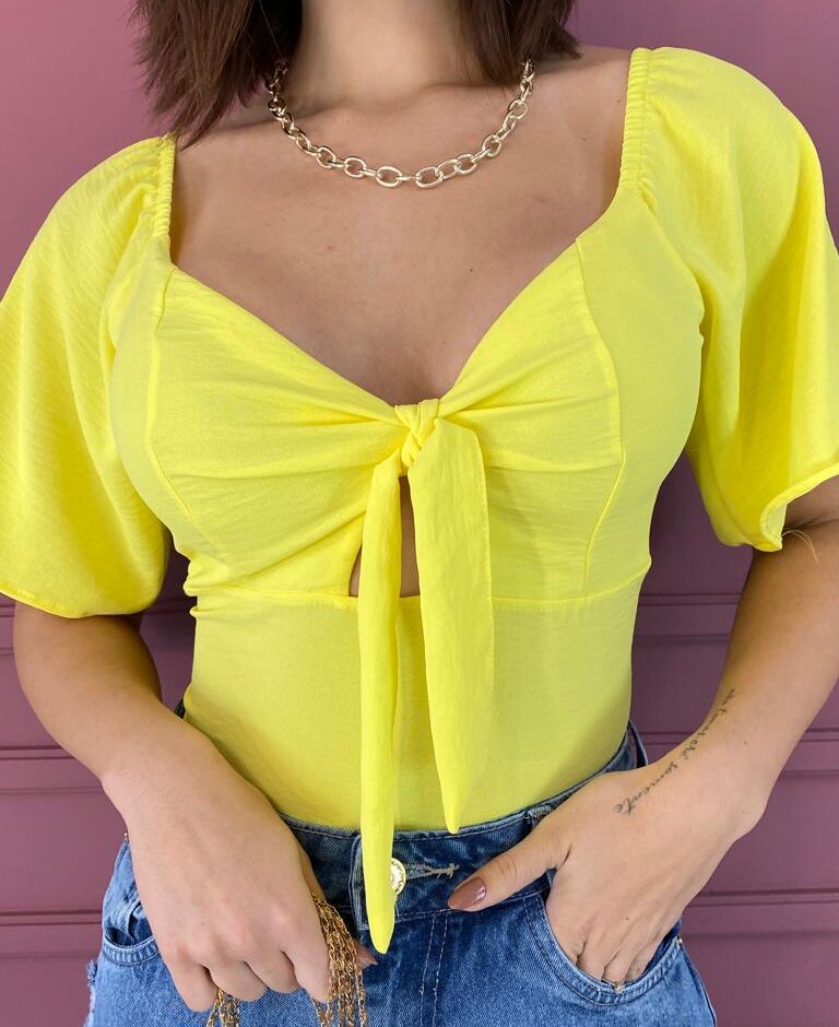 Cropped Feminino com Bojo Amarração no Decote Amarelo - Fernanda Ramos Store