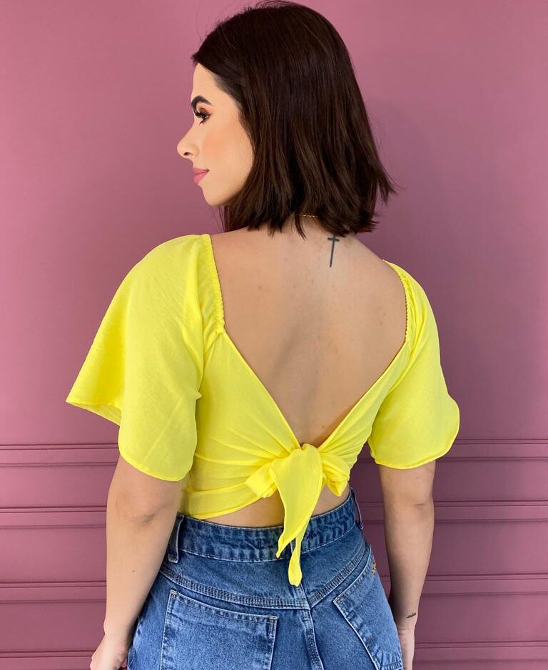 Cropped Feminino com Bojo Amarração no Decote Amarelo - Fernanda Ramos Store