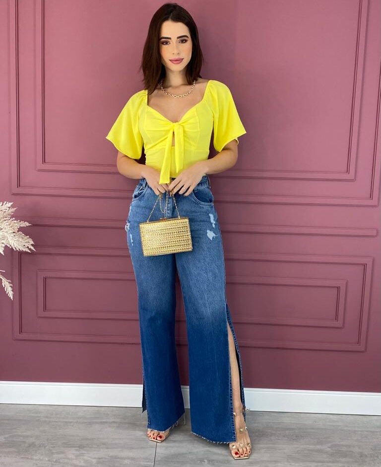 Cropped Feminino com Bojo Amarração no Decote Amarelo - Fernanda Ramos Store