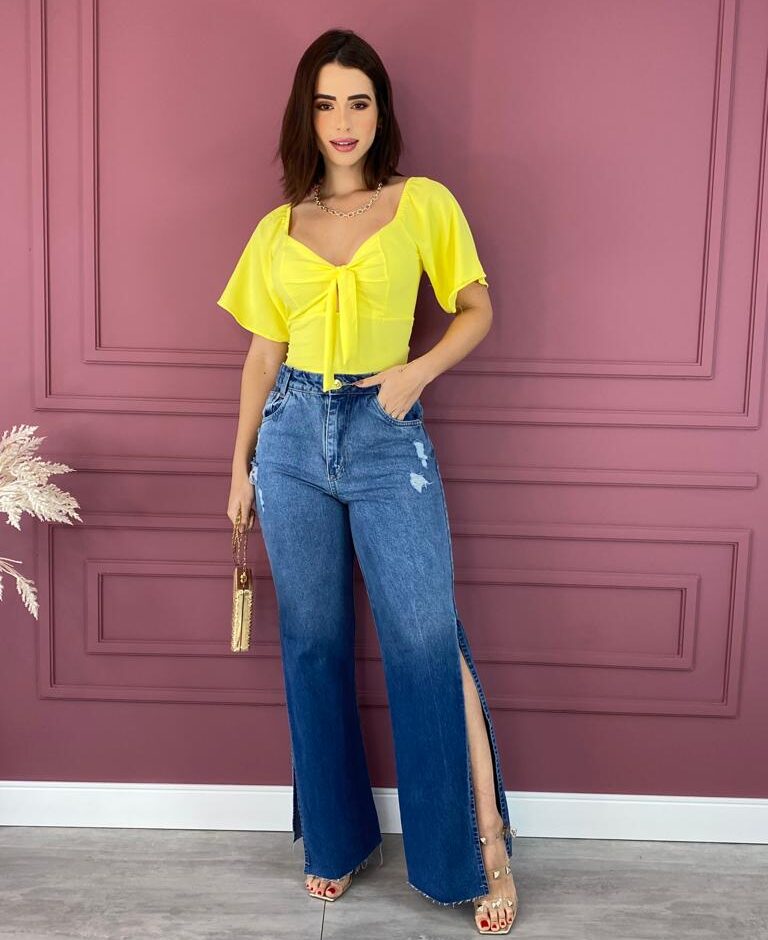 Cropped Feminino com Bojo Amarração no Decote Amarelo - Fernanda Ramos Store