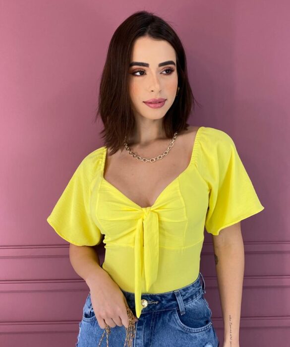 Cropped Feminino com Bojo Amarração no Decote Amarelo Fernanda Ramos Store