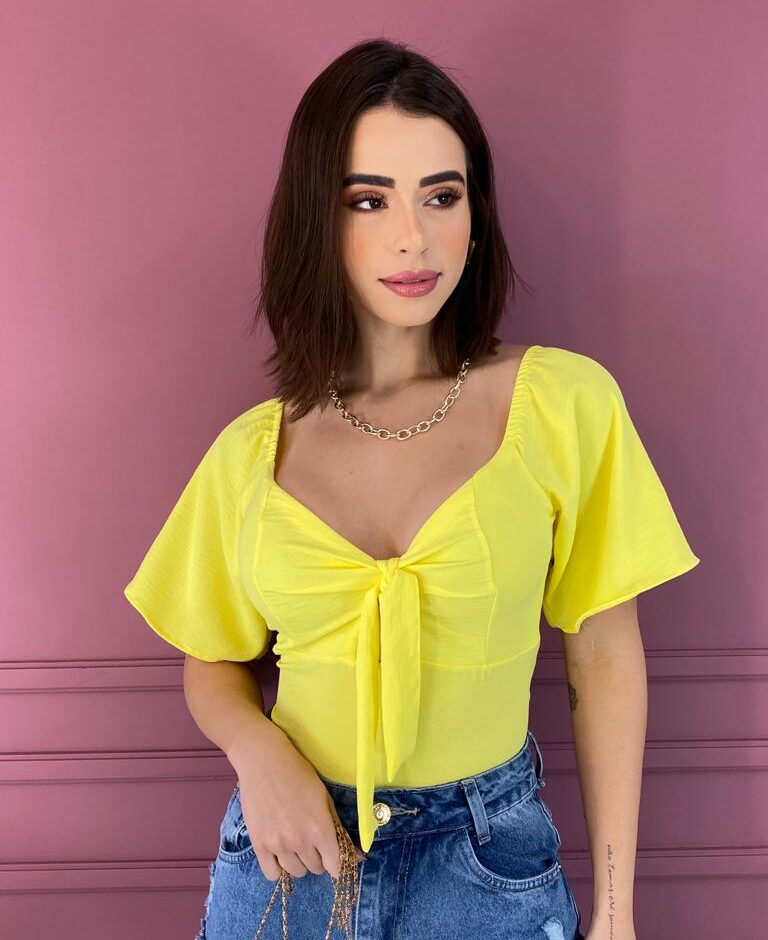 Cropped Feminino com Bojo Amarração no Decote Amarelo - Fernanda Ramos Store