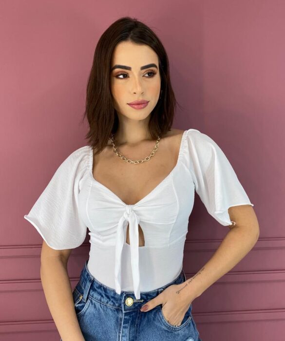 Cropped Feminino com Bojo Amarração no Decote Branco Fernanda Ramos Store