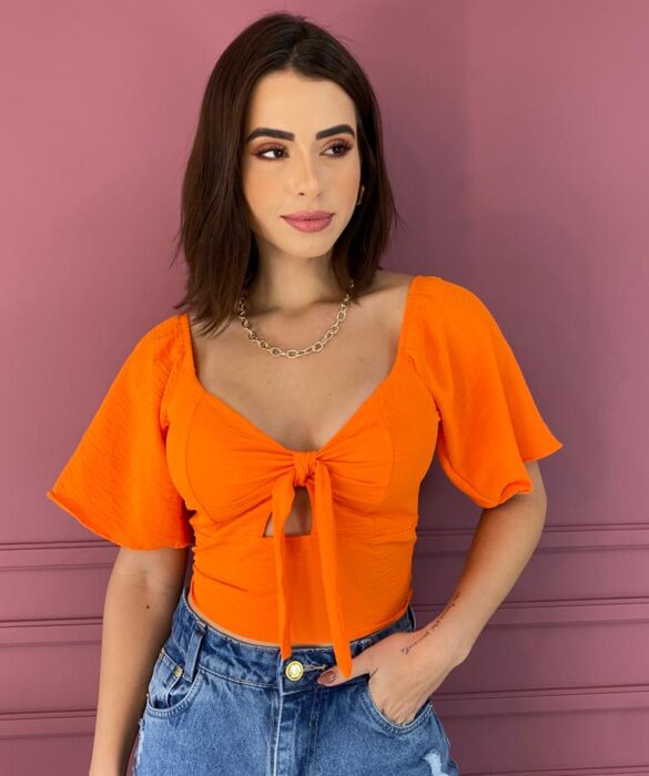 Cropped Feminino com Bojo Amarração no Decote Laranja Fernanda Ramos Store