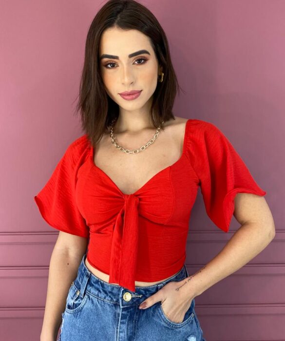 Cropped Feminino com Bojo Amarração no Decote Vermelho Fernanda Ramos Store