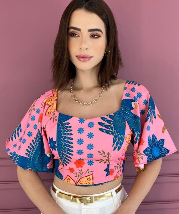 Cropped Feminino com Bojo e Amarração Estampado Rosa Fernanda Ramos Store