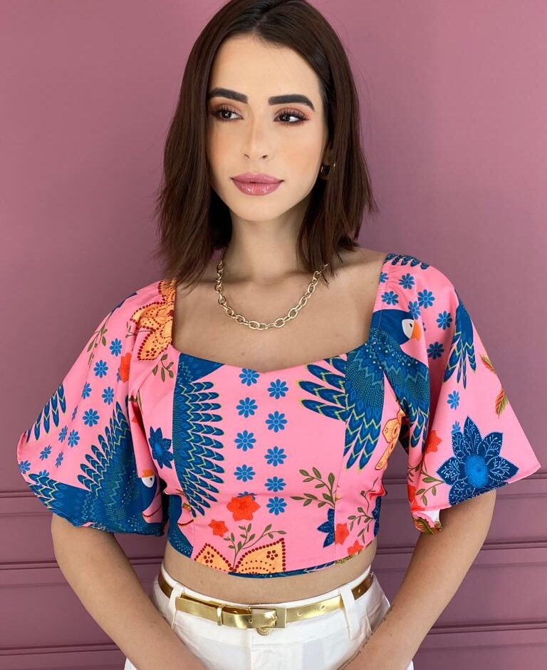Cropped Feminino com Bojo e Amarração Estampado Rosa Fernanda Ramos Store