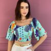 Cropped Feminino com Bojo e Amarração Estampado Azul Fernanda Ramos Store